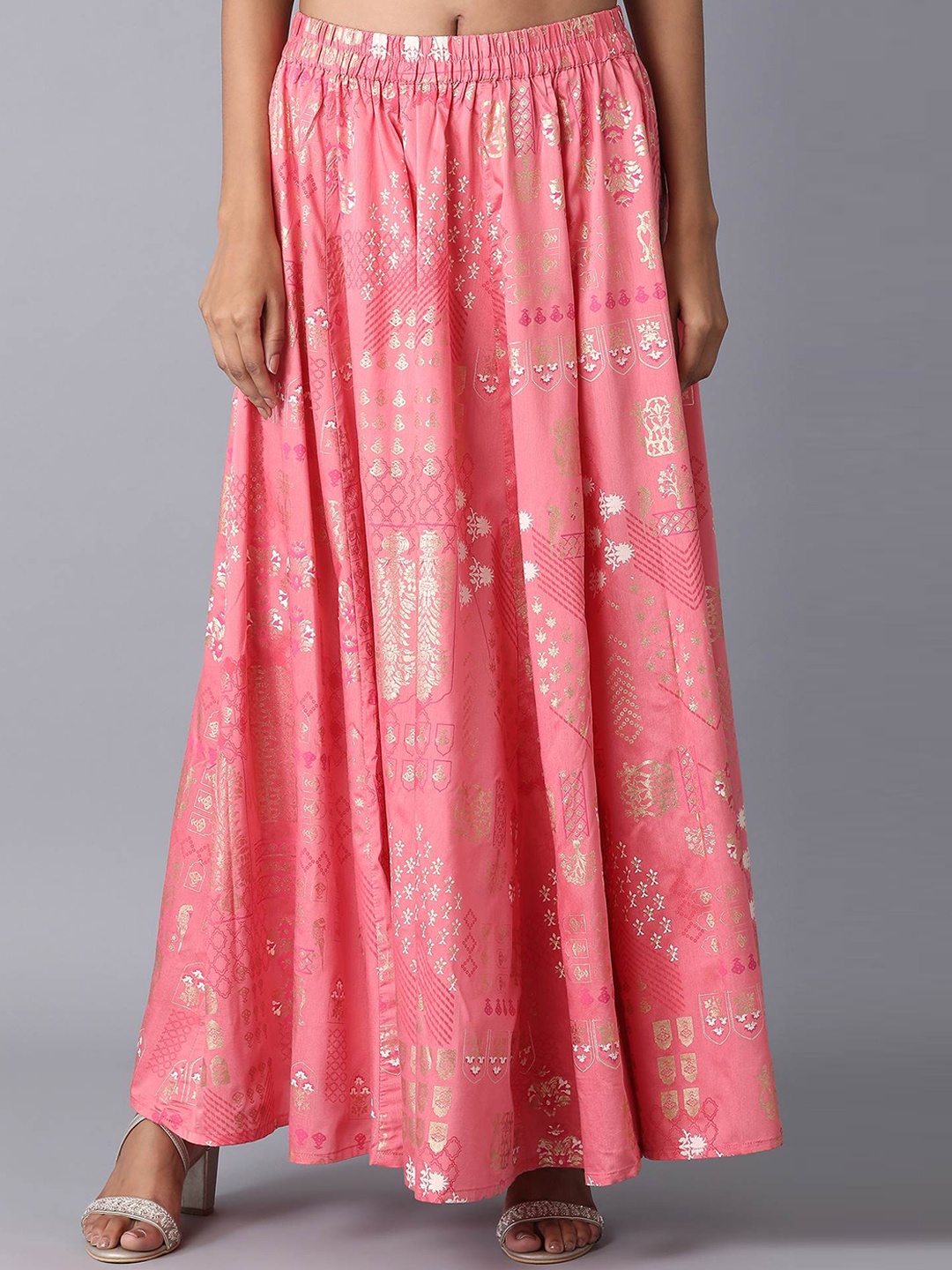 

elleven Women Gold-Coloured & Teal Pink Printed Flared Maxi Skirt