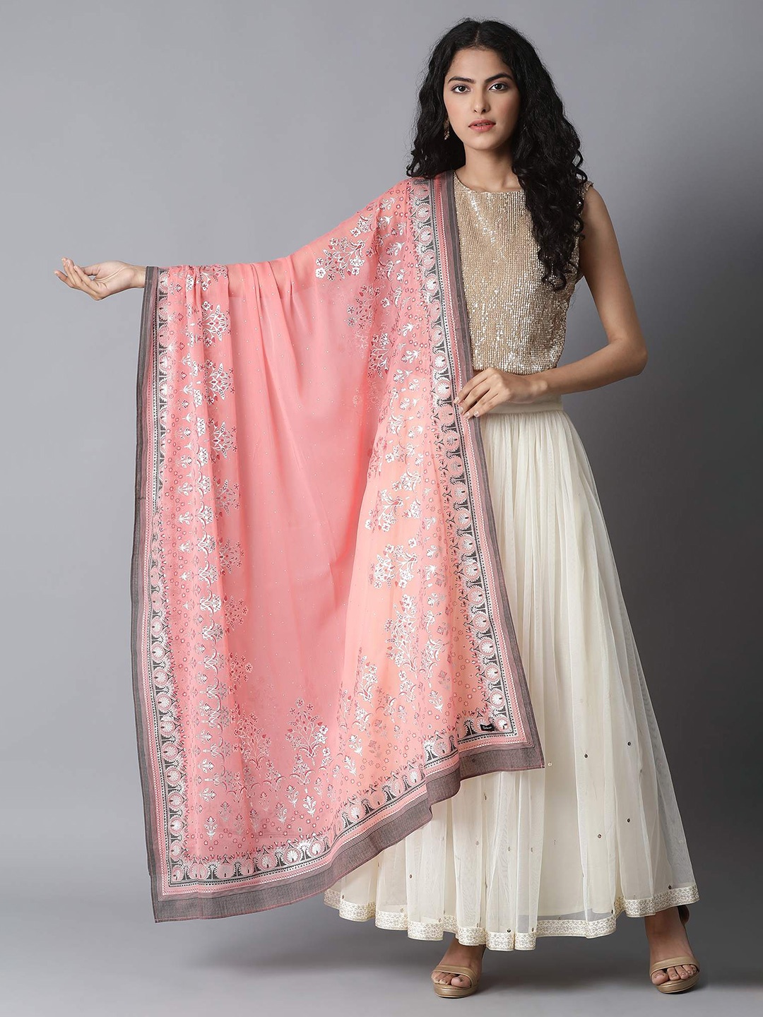 

elleven Pink & Silver-Toned Ethnic Motifs Printed Dupatta