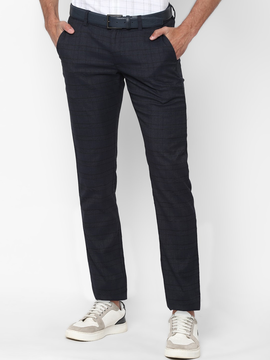 

Allen Solly Men Navy Blue Checked Slim Fit Trousers