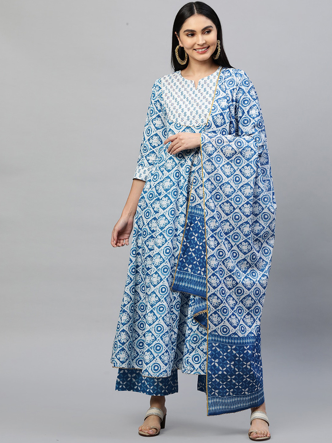 

FASHOR Women White Floral Printed Empire Thread Work Pure Cotton Kurta with Palazzos & With Dupatta