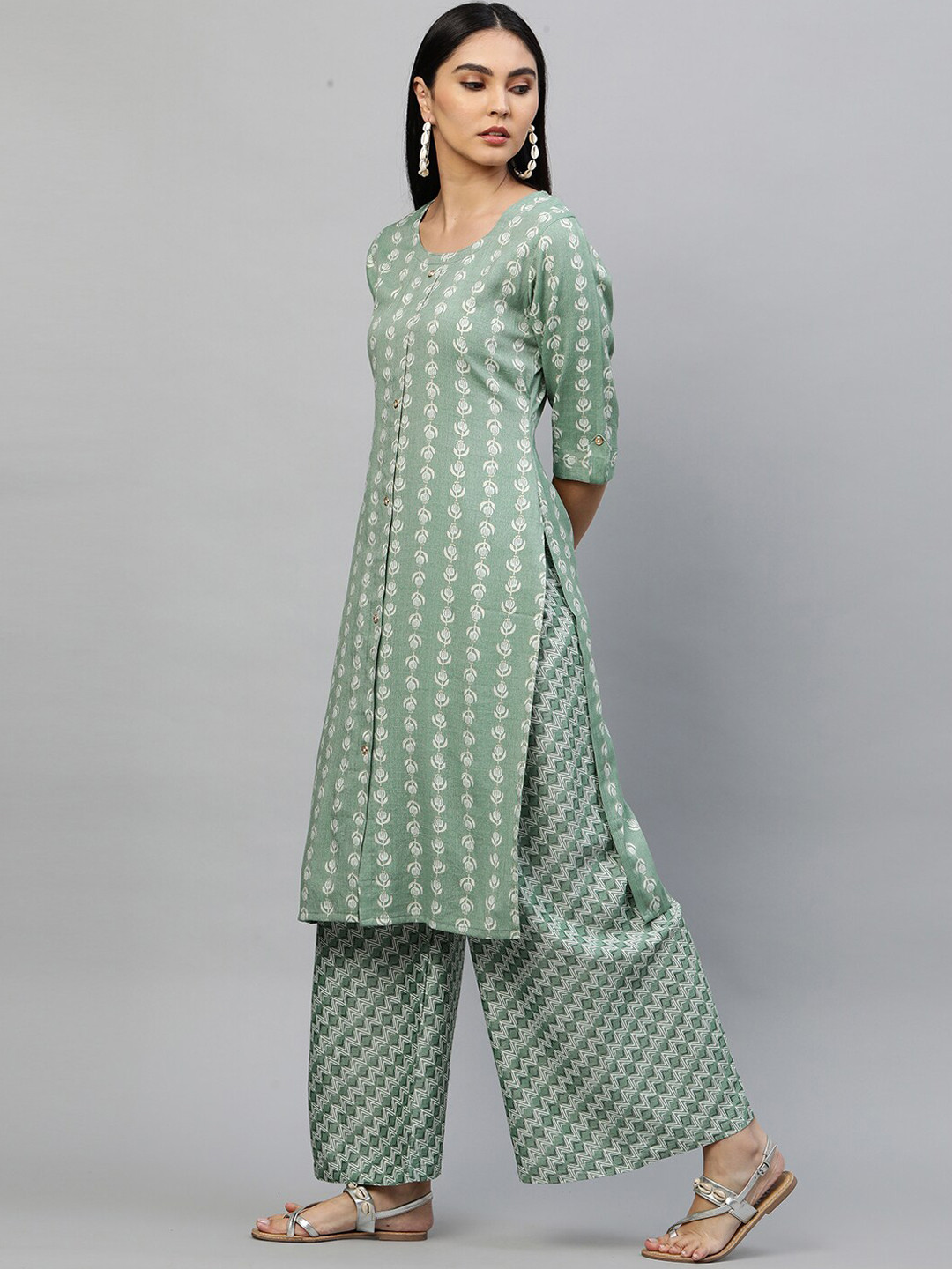 

FASHOR Women Green Ethnic Motifs Printed Regular Kurta with Palazzos