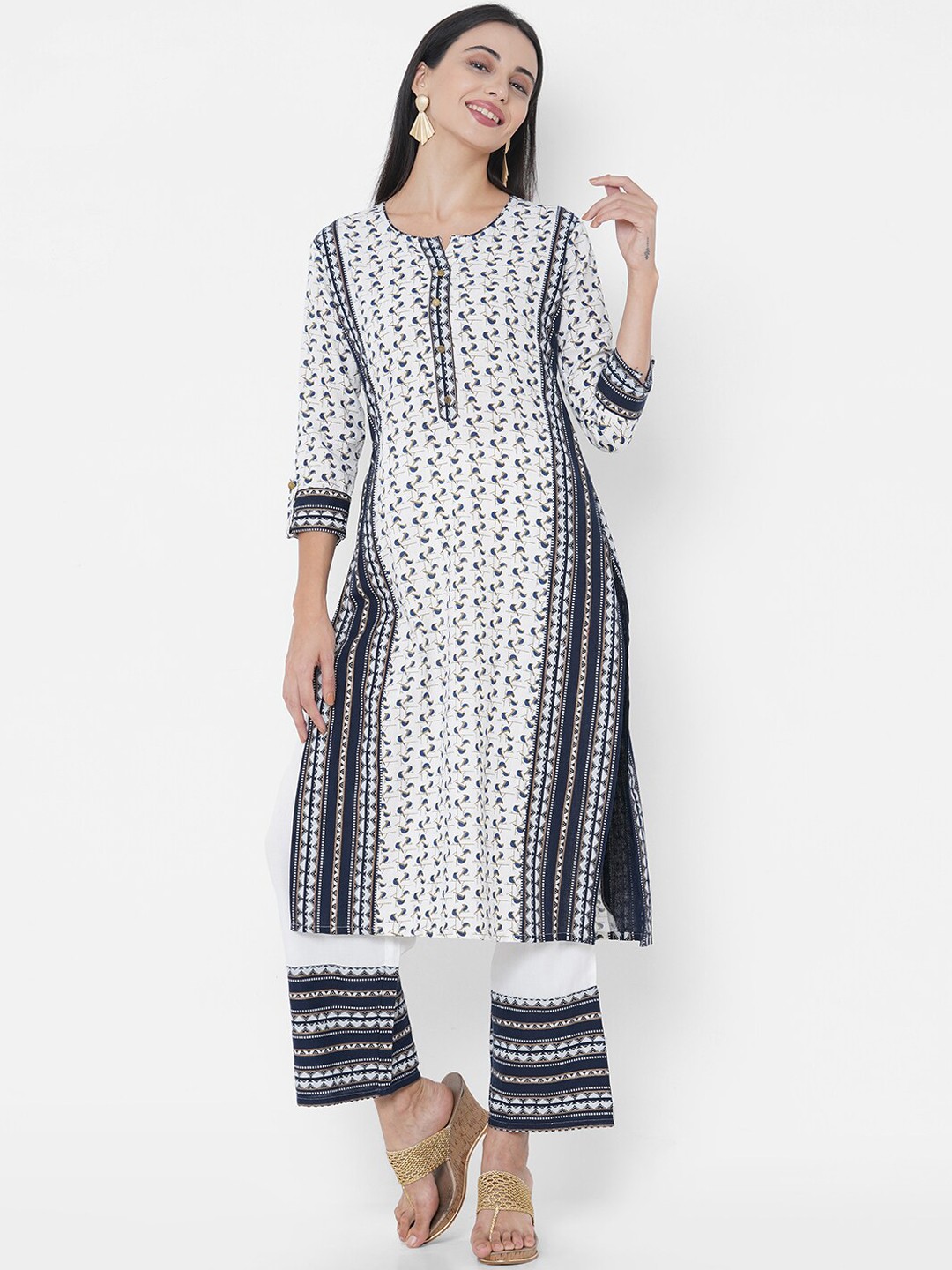 

FASHOR Women Off White Printed Regular Pure Cotton Kurta with Trousers