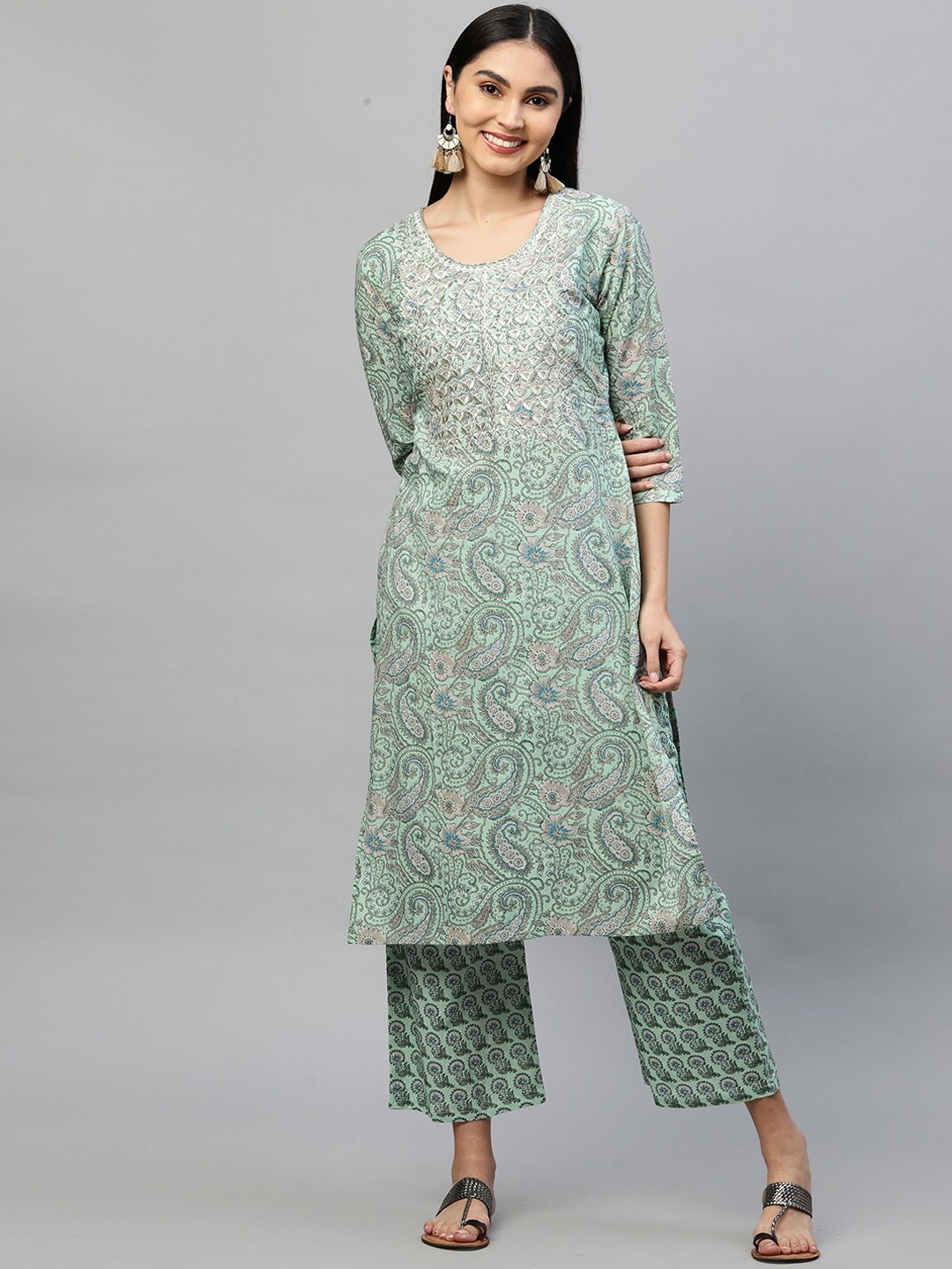 

FASHOR Women Green Paisley Printed Regular Pure Cotton Kurti with Dhoti Pants