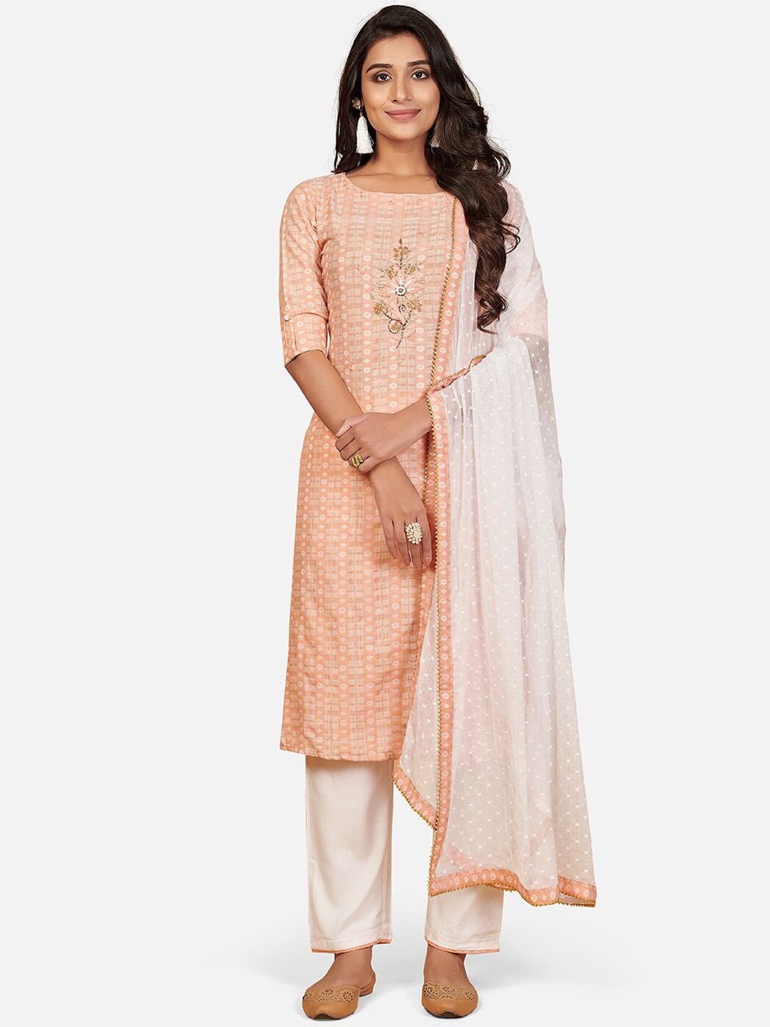 

Vbuyz Women Orange Ethnic Motifs Pure Cotton Kurta with Trousers & With Dupatta