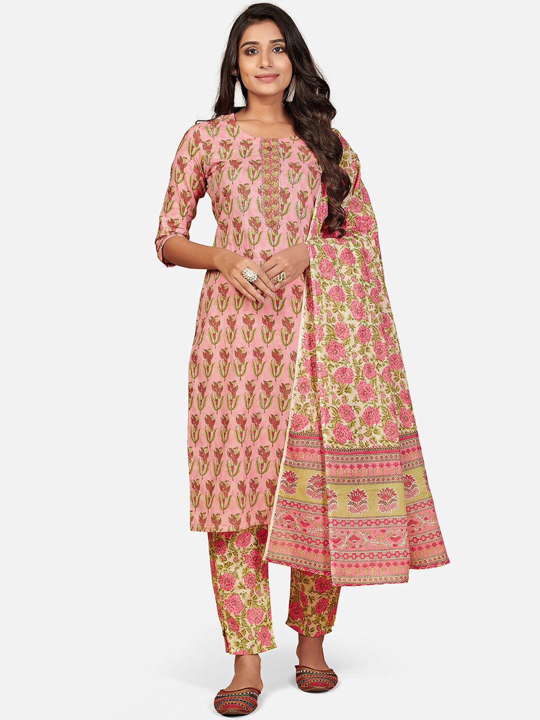 

Vbuyz Women Pink Ethnic Motifs Printed Regular Sequinned Pure Cotton Kurti with Palazzos & With Dupatta