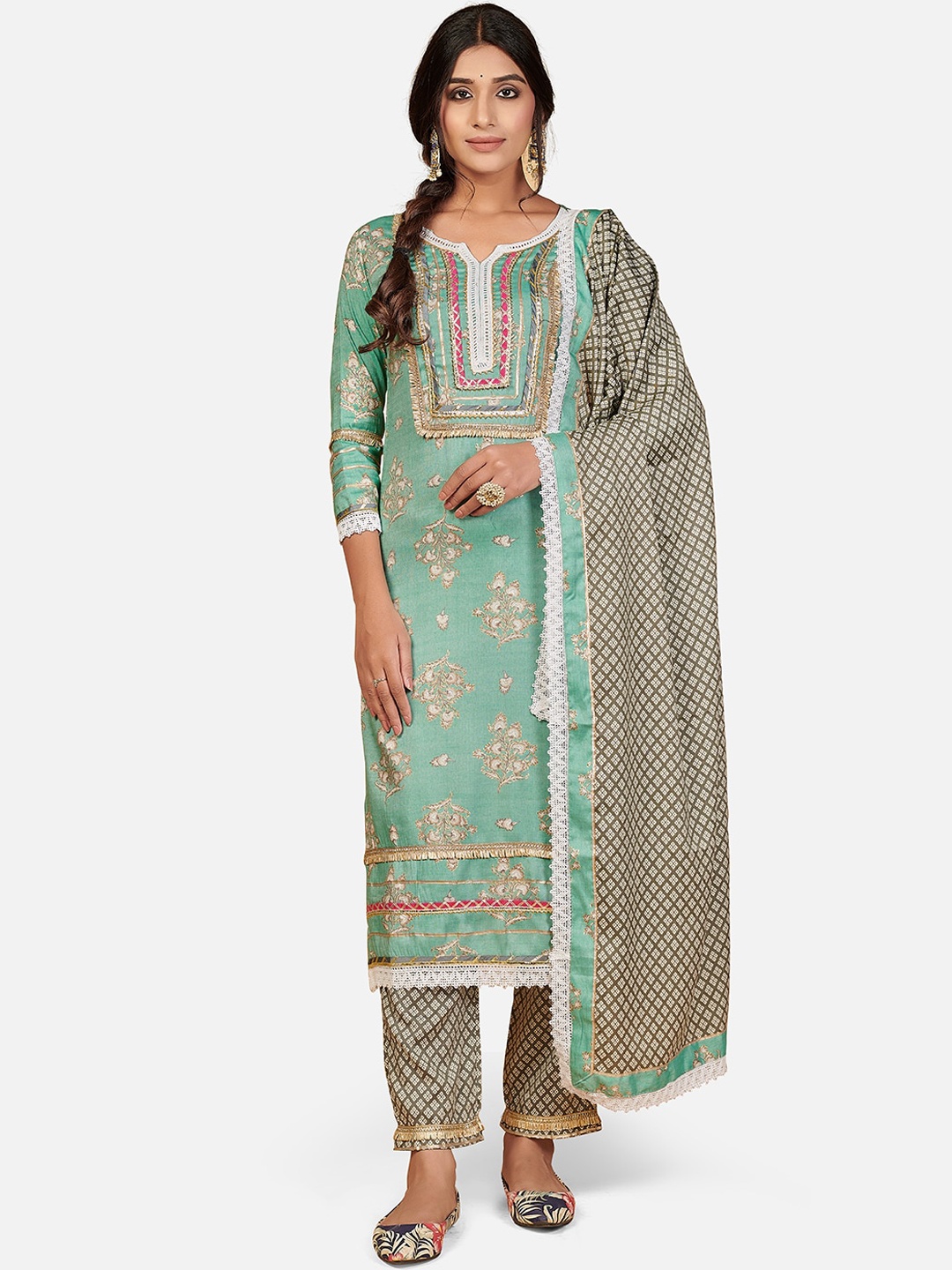 

Vbuyz Women Turquoise Blue Printed Gotta Patti & Lace Kurta with Trousers & With Dupatta