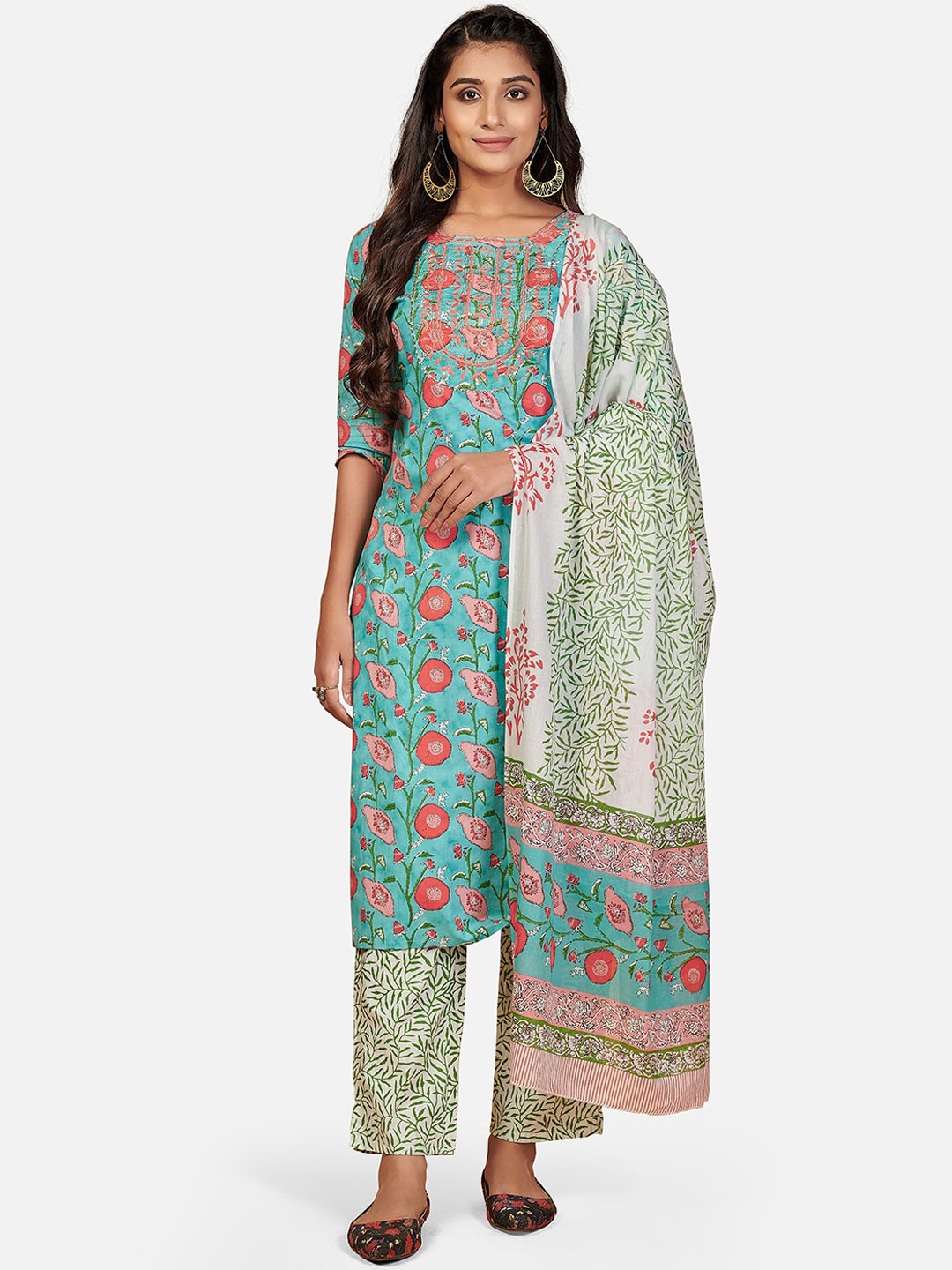 

Vbuyz Women Turquoise Blue Printed Thread Work Kurta with Palazzos & With Dupatta