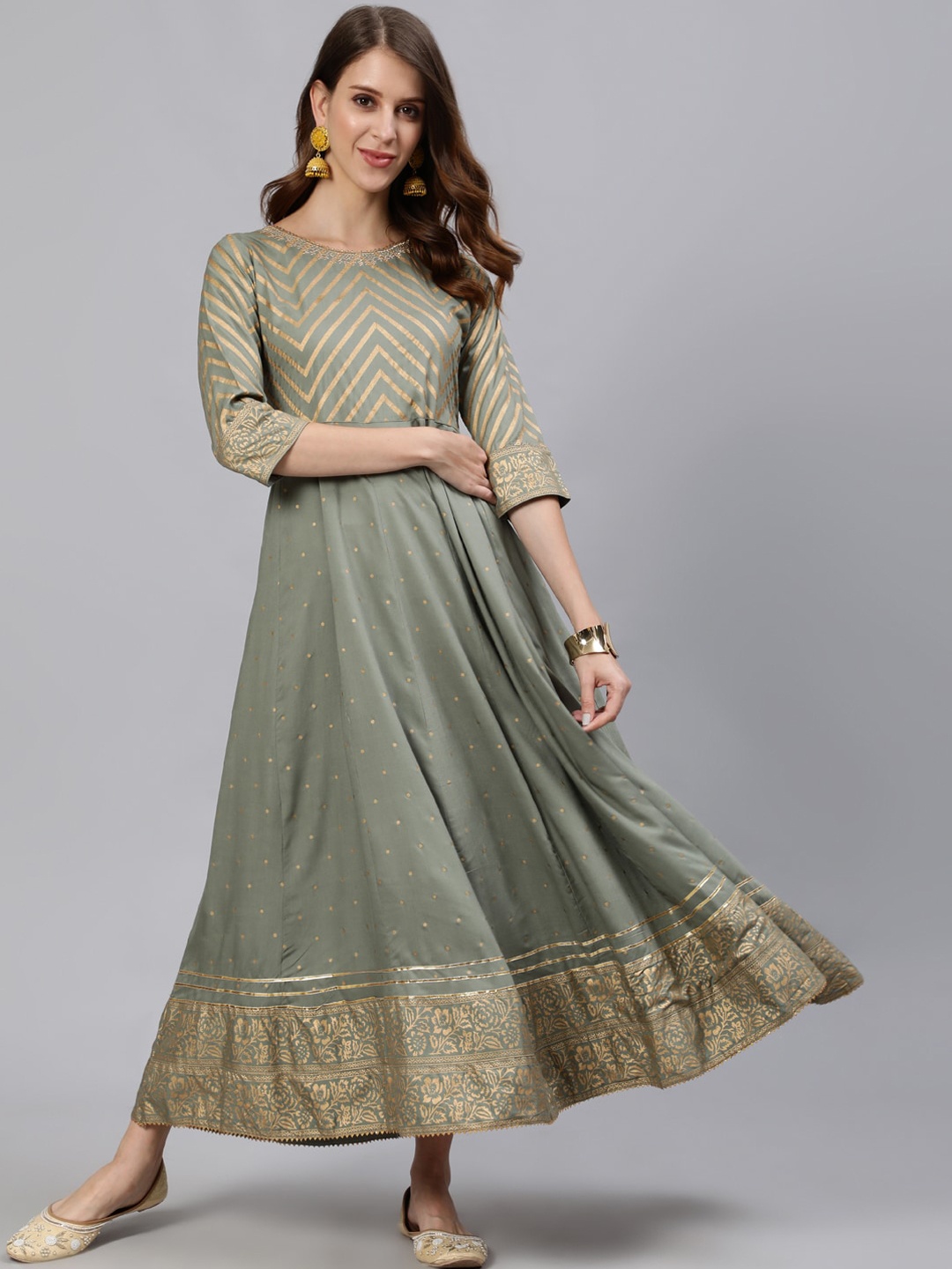 

Jaipur Kurti Women Grey Geometric Yoke Design Anarkali Kurta