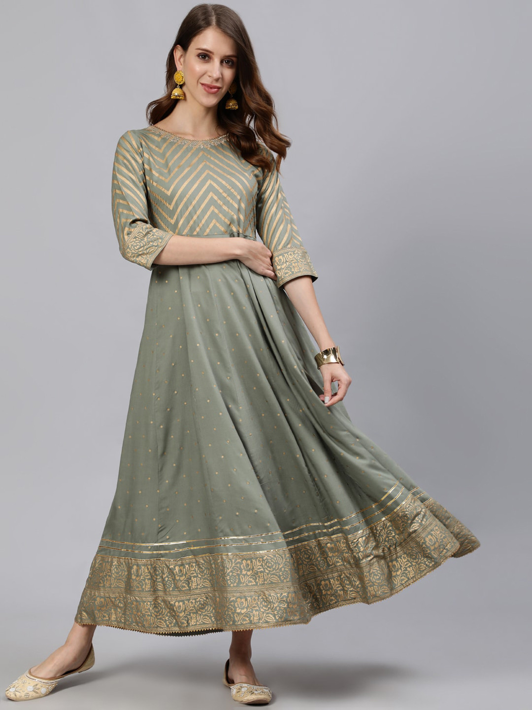

Jaipur Kurti Women Grey & Gold-Toned Ethnic Motifs Yoke Design Anarkali Kurta