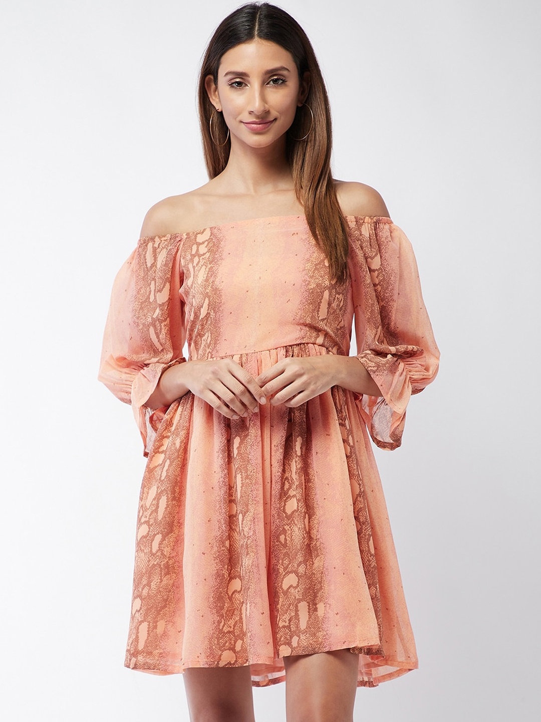 

InWeave Orange Animal Off-Shoulder Dress