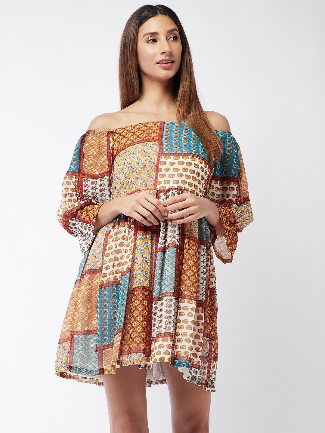 

InWeave Multicoloured Ethnic Motifs Off-Shoulder Dress, Multi