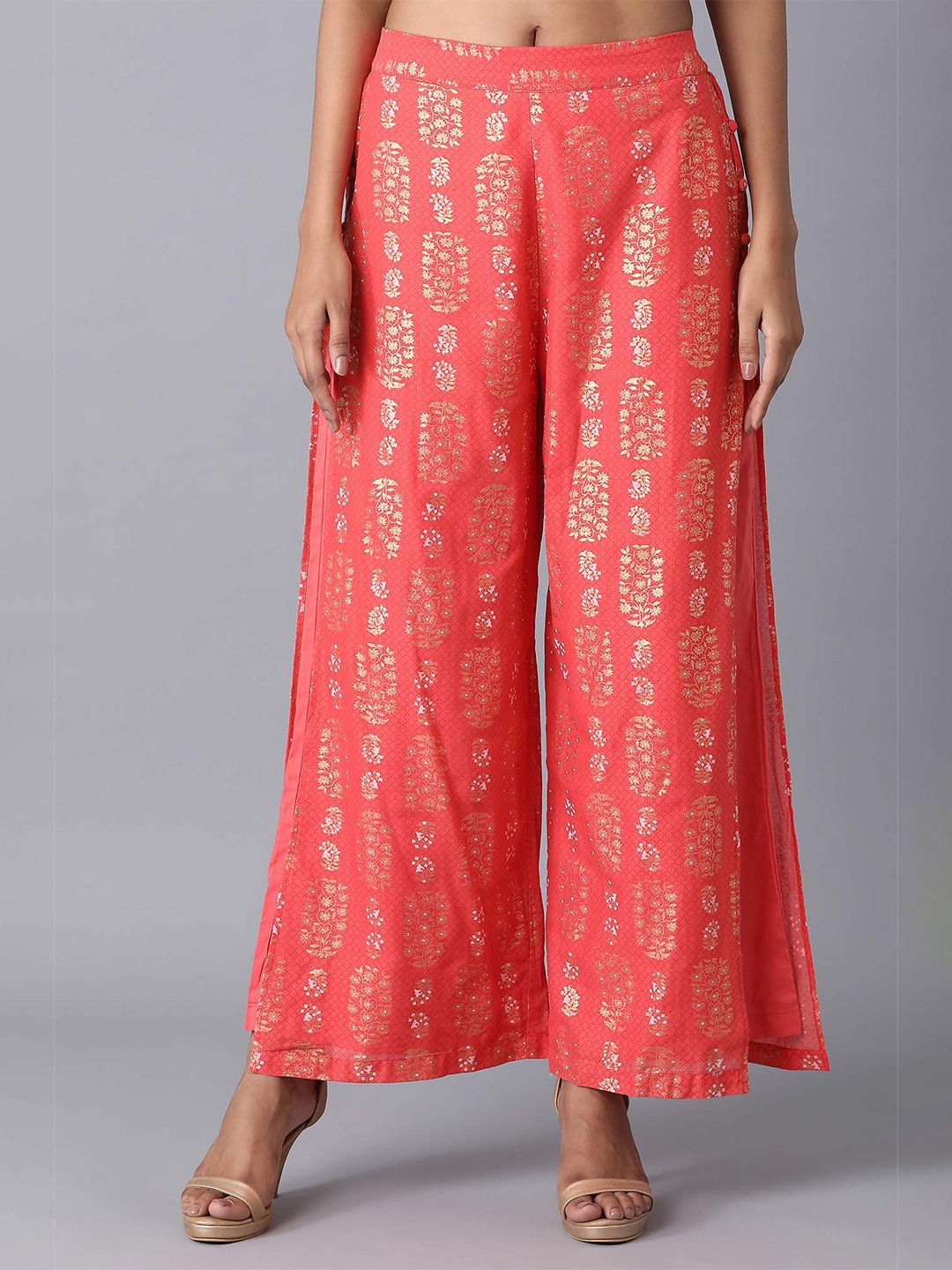

elleven Women Red & Gold-Toned Cotton Floral Printed Ethnic Palazzos