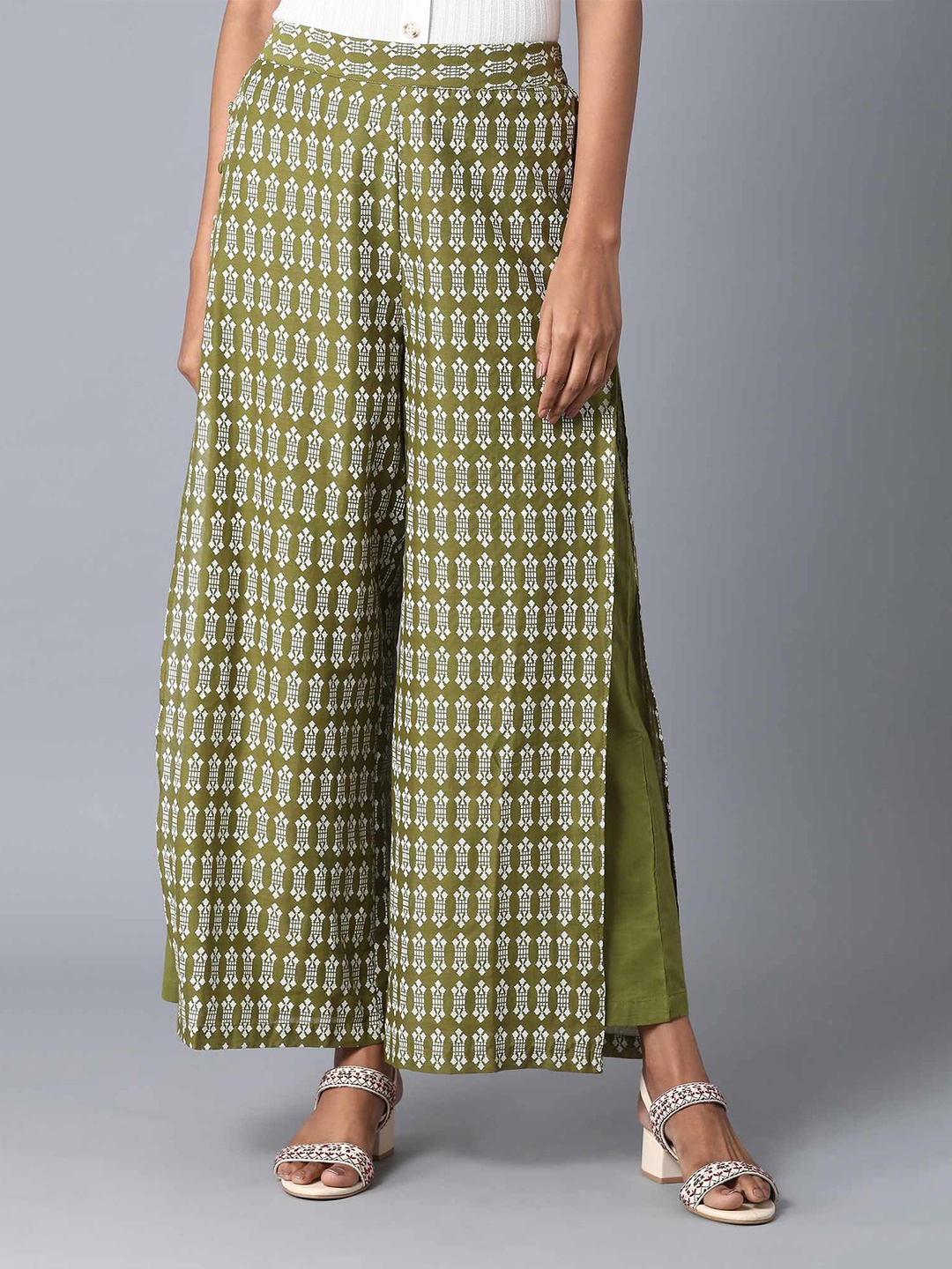 

elleven Women Olive Green & White Ethnic Motifs Printed Wide Leg Palazzos