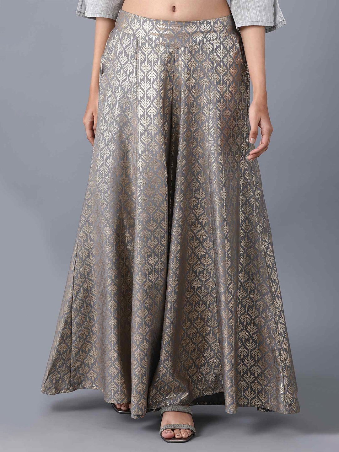 

elleven Women Grey & Gold-Toned Floral Printed Flared Ethnic Palazzos
