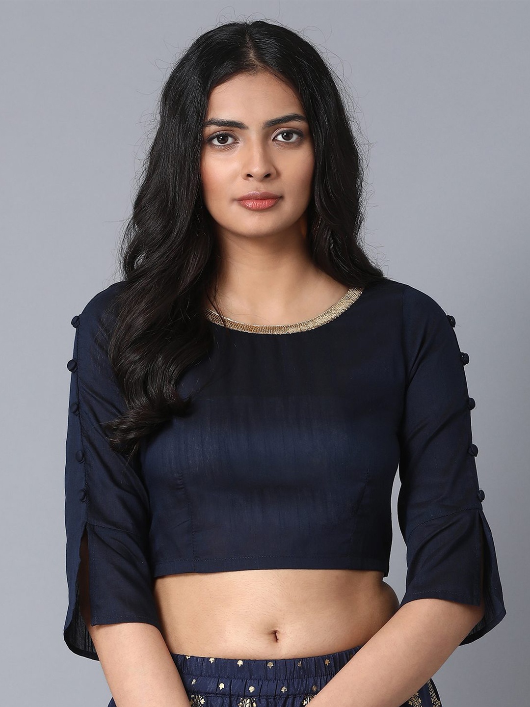 

elleven Navy Blue & Gold-Toned Embellished Regular Crop Top