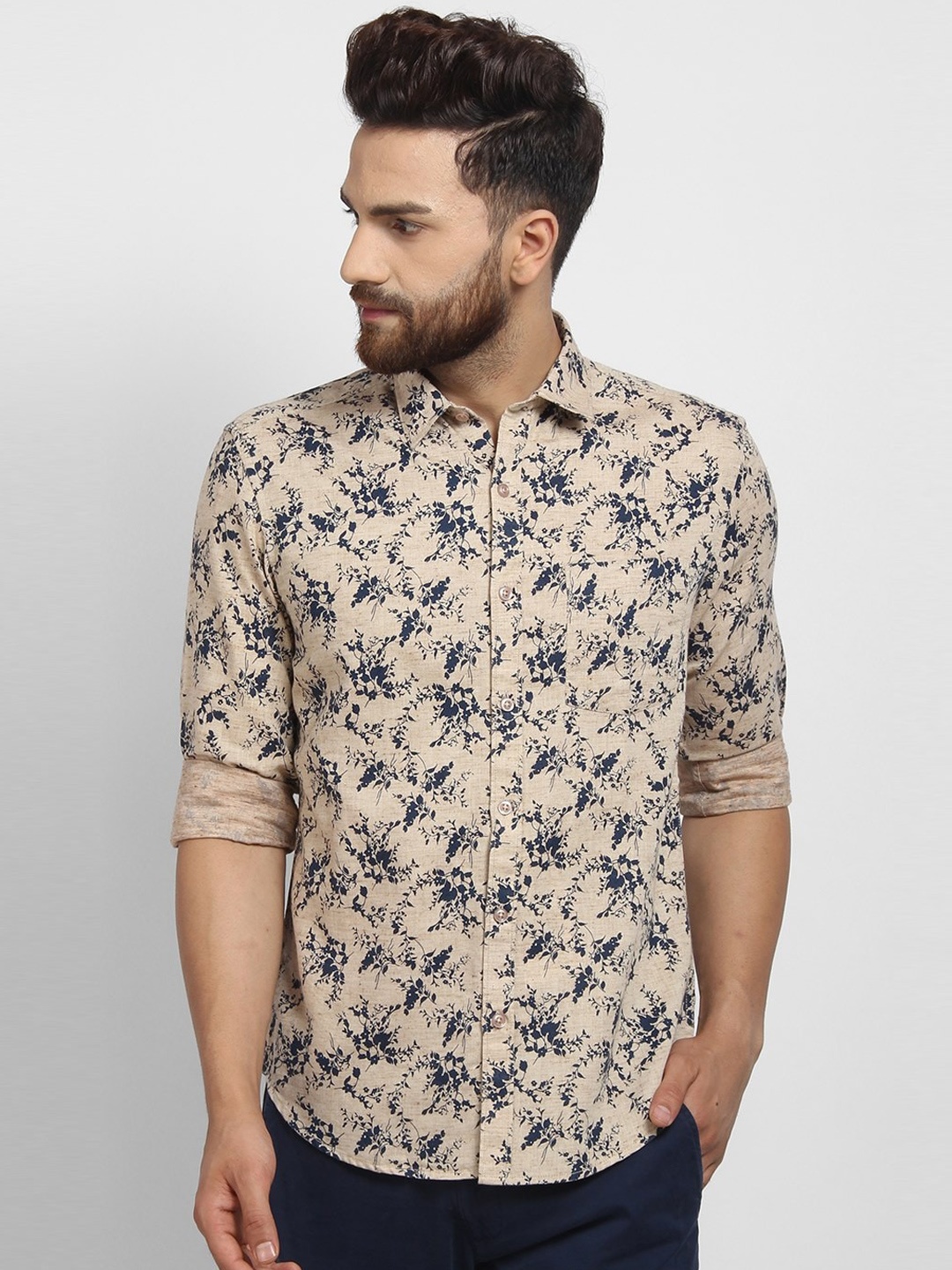 

cape canary Men Beige Floral Opaque Printed Casual Cotton Shirt