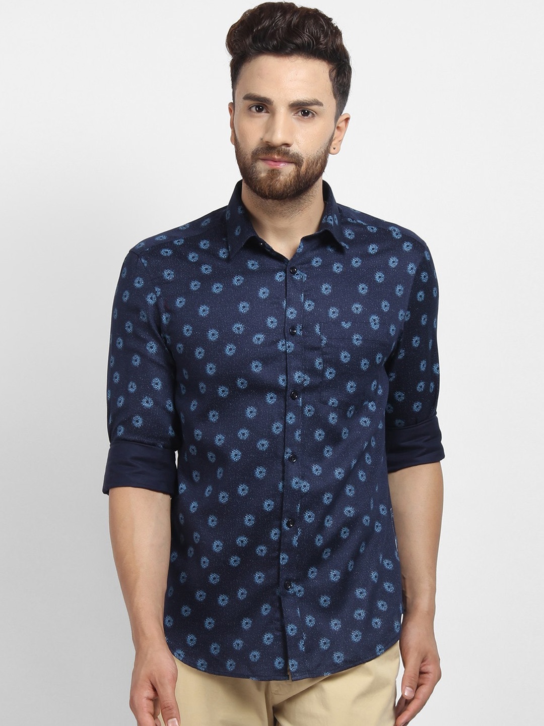 

cape canary Men Navy Blue Floral Opaque Printed Casual Shirt