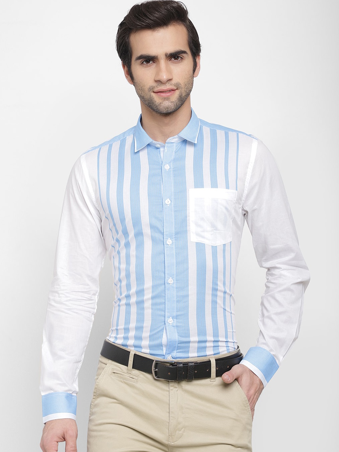

cape canary Men Blue & White Opaque Striped Cotton Formal Shirt