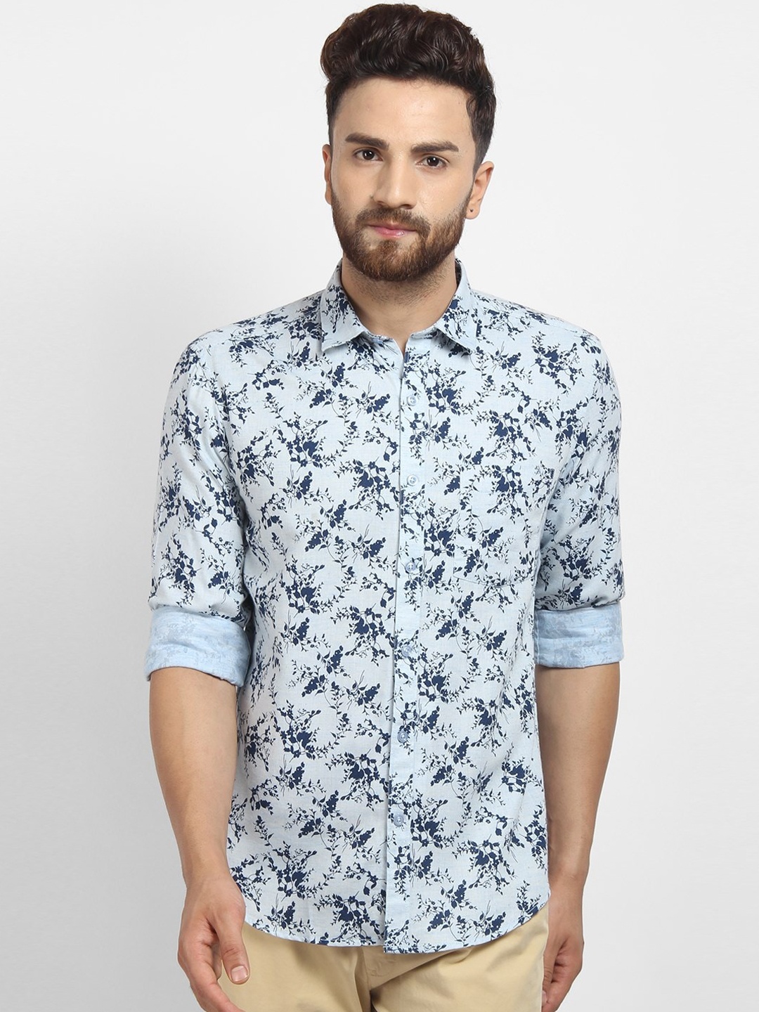 

cape canary Men Blue Floral Opaque Printed Casual Cotton Shirt