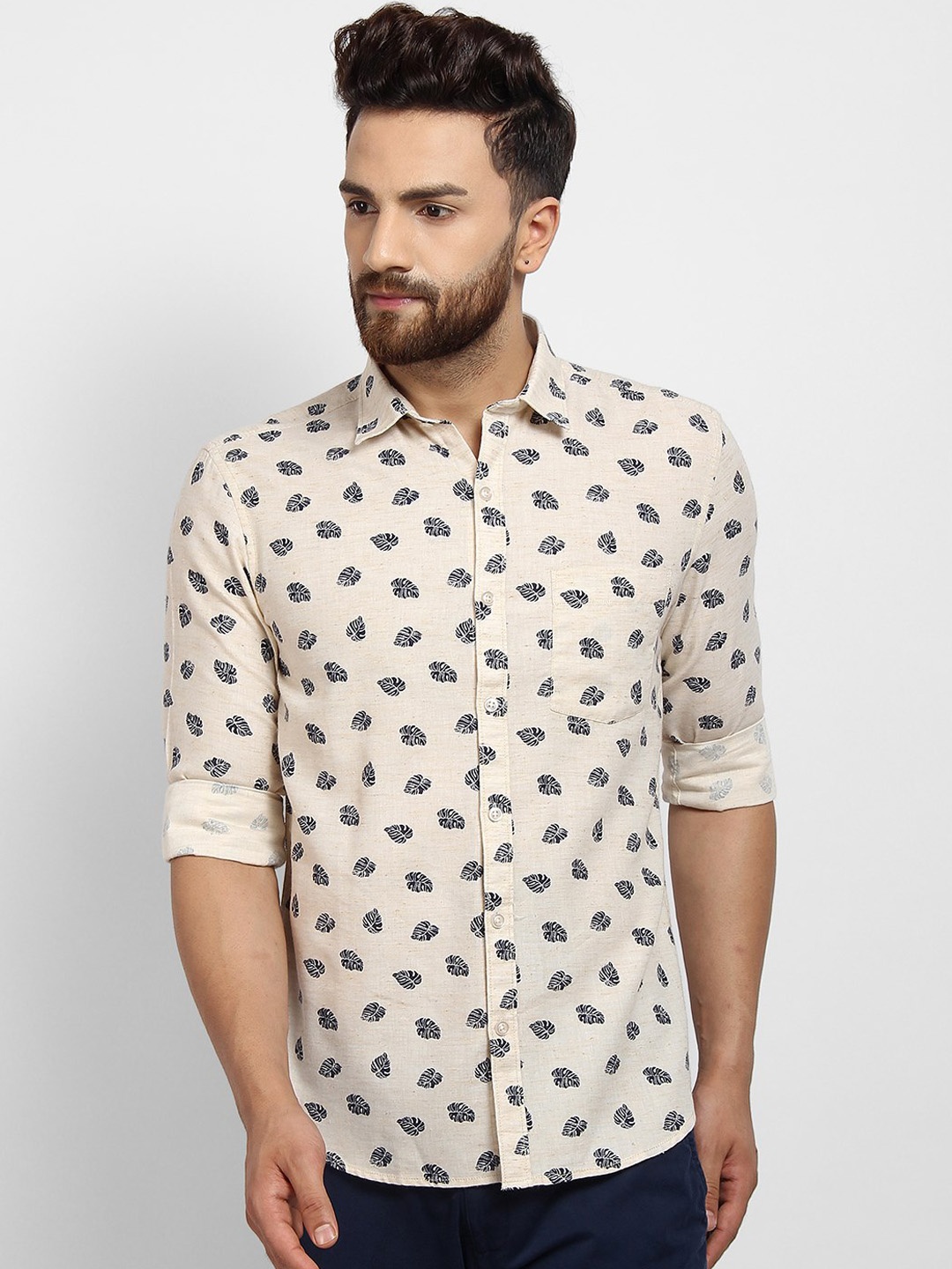 

cape canary Men Beige Opaque Printed Casual Shirt