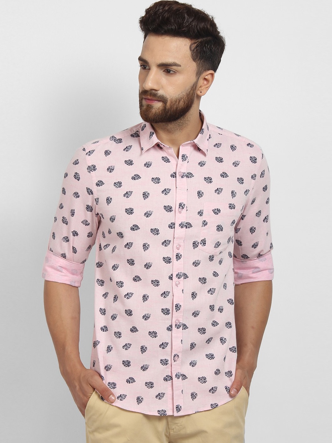 

cape canary Men Peach-Coloured Cotton Opaque Printed Casual Shirt