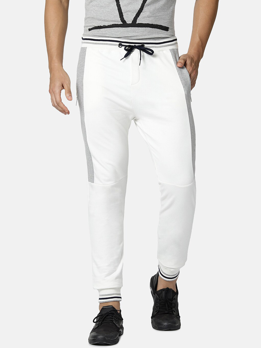 

FIDO DIDO Men White & Grey Solid Pure Cotton Slim-Fit Joggers