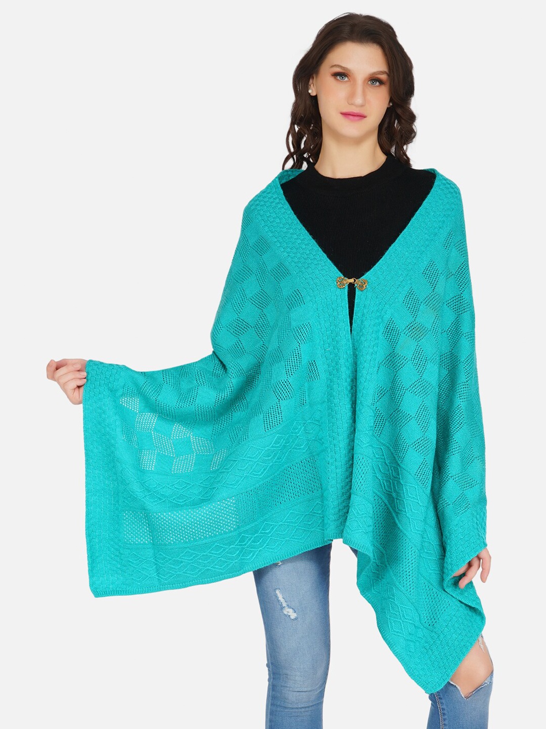 

FABNEST Women Green Open Knit Fusion Poncho