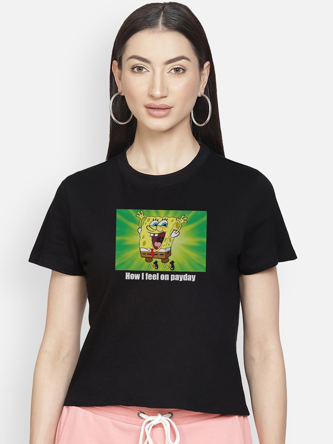 

Free Authority Women Black Green Spongebob Printed Pure Cotton T-shirt