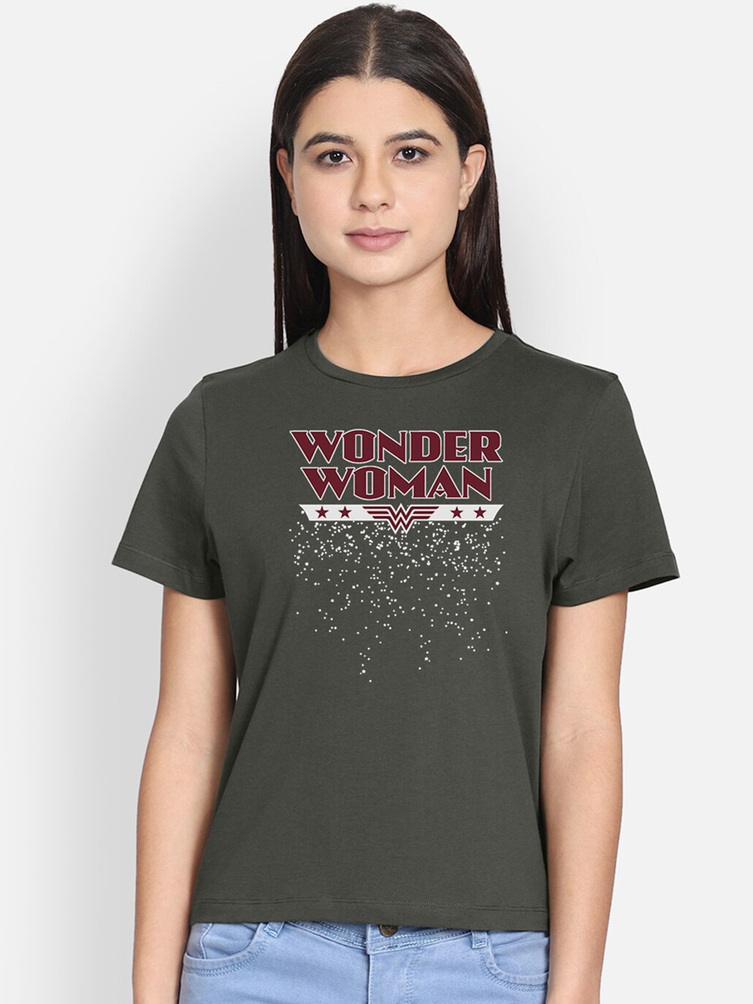 

Free Authority Women Olive Green & Red Wonder Woman Printed T-shirt