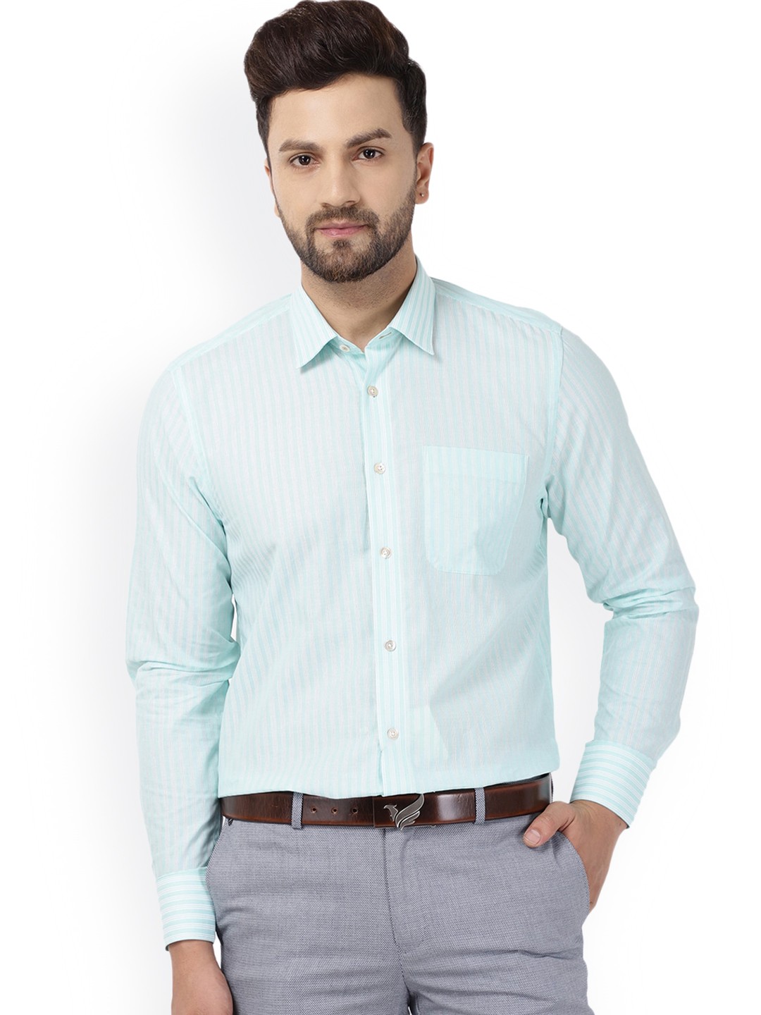 

Blackberrys Men Turquoise Blue Opaque Striped Smart Regular Fit Formal Shirt
