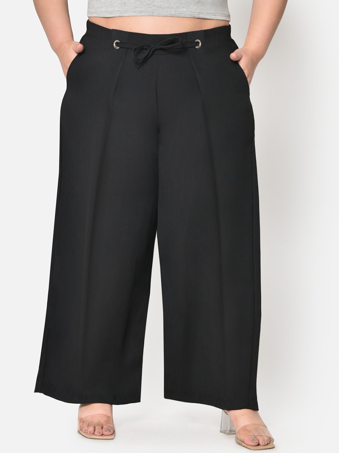 

wild U Plus Size Women Black High-Rise Flared Parallel Trousers