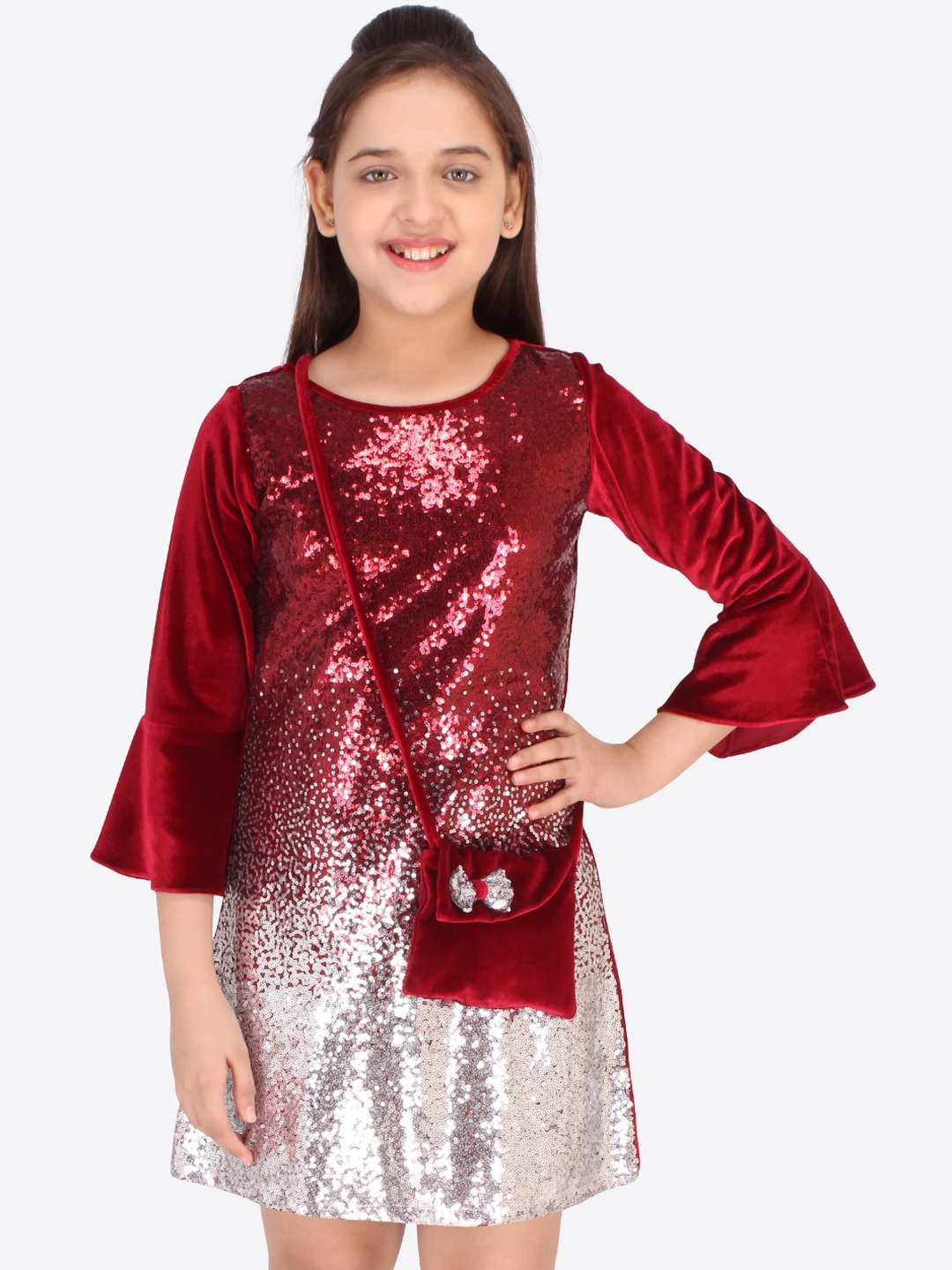 

CUTECUMBER Girls Red & Silver-Toned Embellished Sequined A-Line Dress with Bag