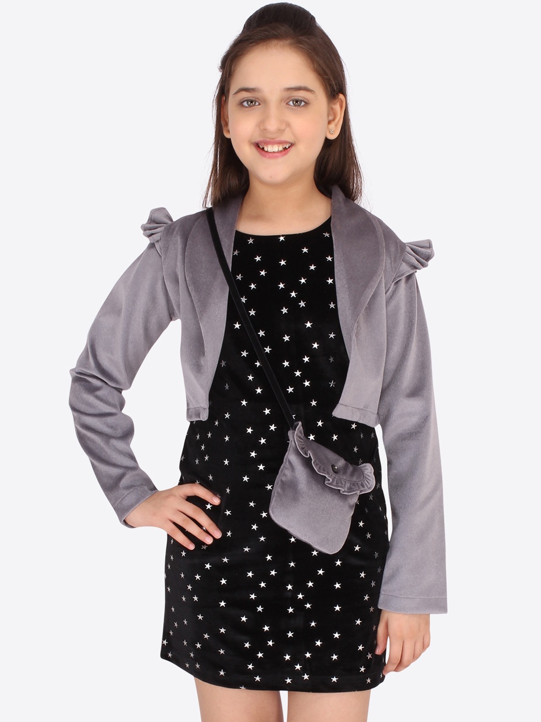 

CUTECUMBER Black Velvet Sheath Dress With Shrug & Matching Sling Bag
