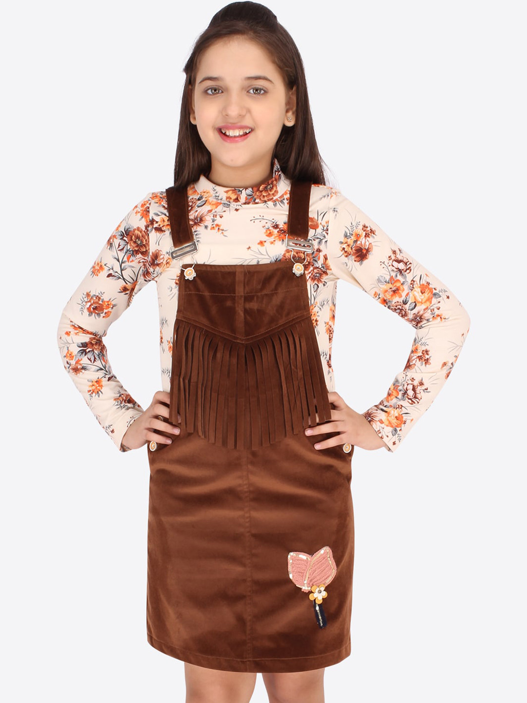 

CUTECUMBER Girls Brown & Orange Fringed Velvet Pinafore Dress With T-shirt