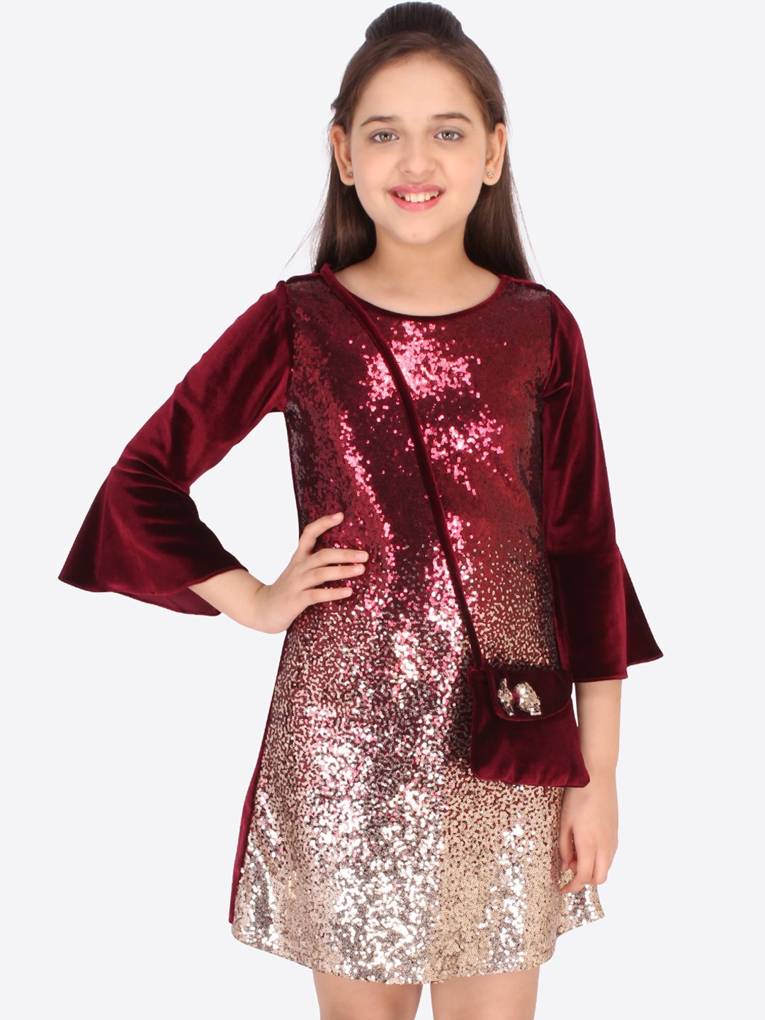 

CUTECUMBER Girls Maroon & Silver-Toned Embellished Sequined A-Line Dress with Bag