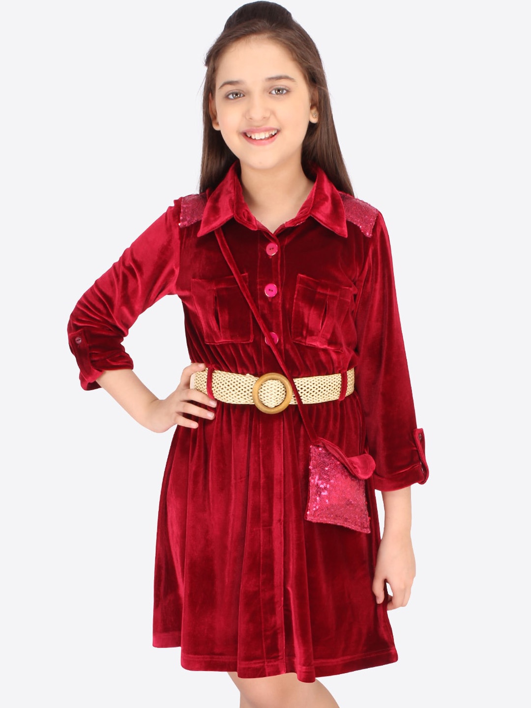 

CUTECUMBER Maroon Solid Shirt Dress With Belt & Matching Sling Bag