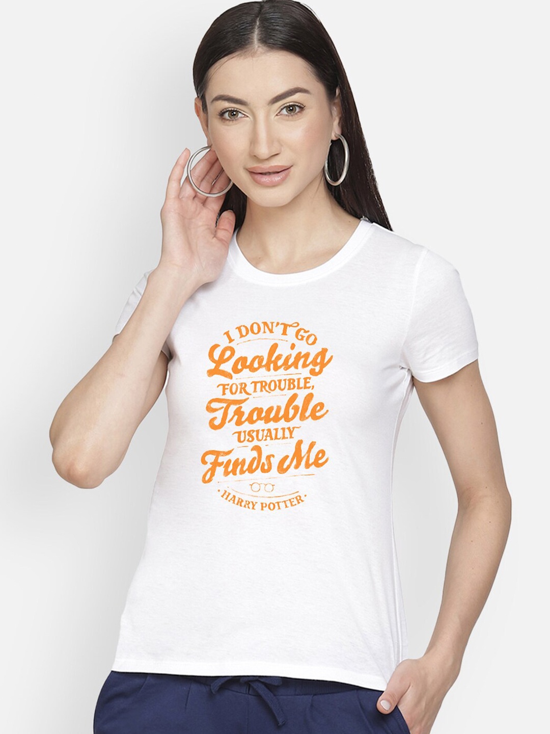 

Free Authority Women White Harry Potter Printed Raw Edge T-shirt