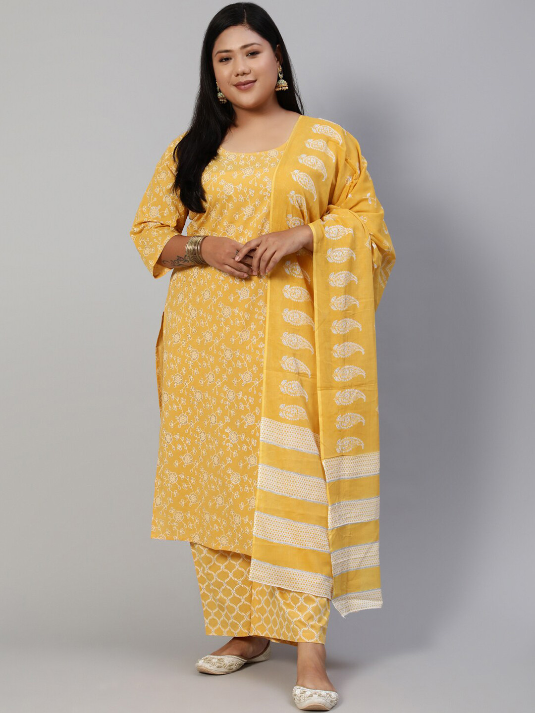 

Nayo Women Yellow & White Ethnic Motifs Printed Pure Cotton Kurta With Trousers & Dupatta