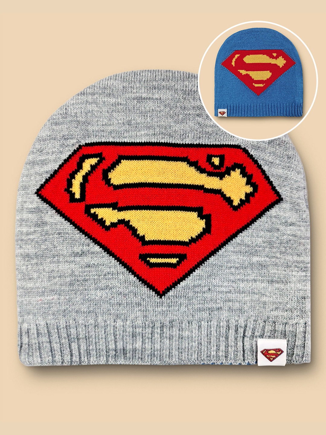 

Kids Ville Boys Blue & Grey Superman Printed Reversible Beanie