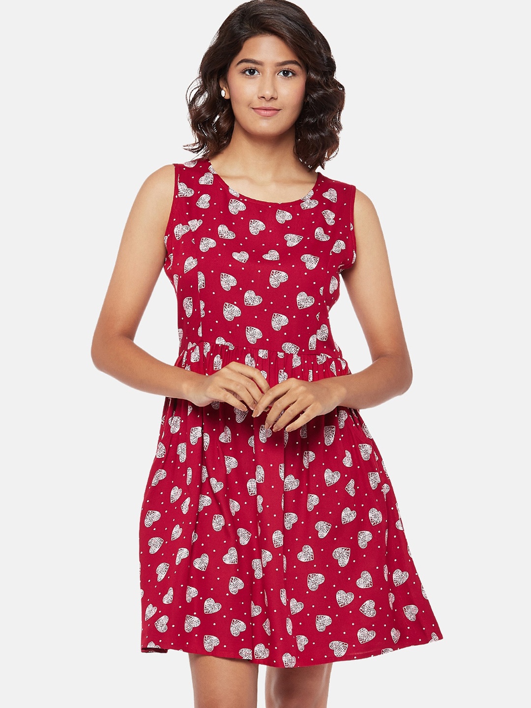 

People Women Red Heart Printed Fit & Flare Dress