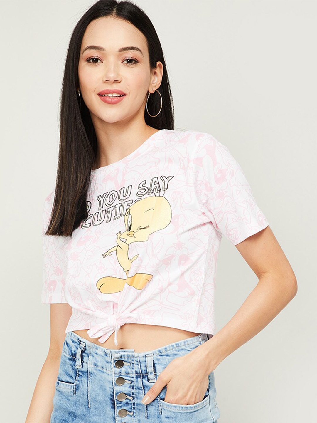 

Ginger by Lifestyle Women White & Pink Printed T-shirt