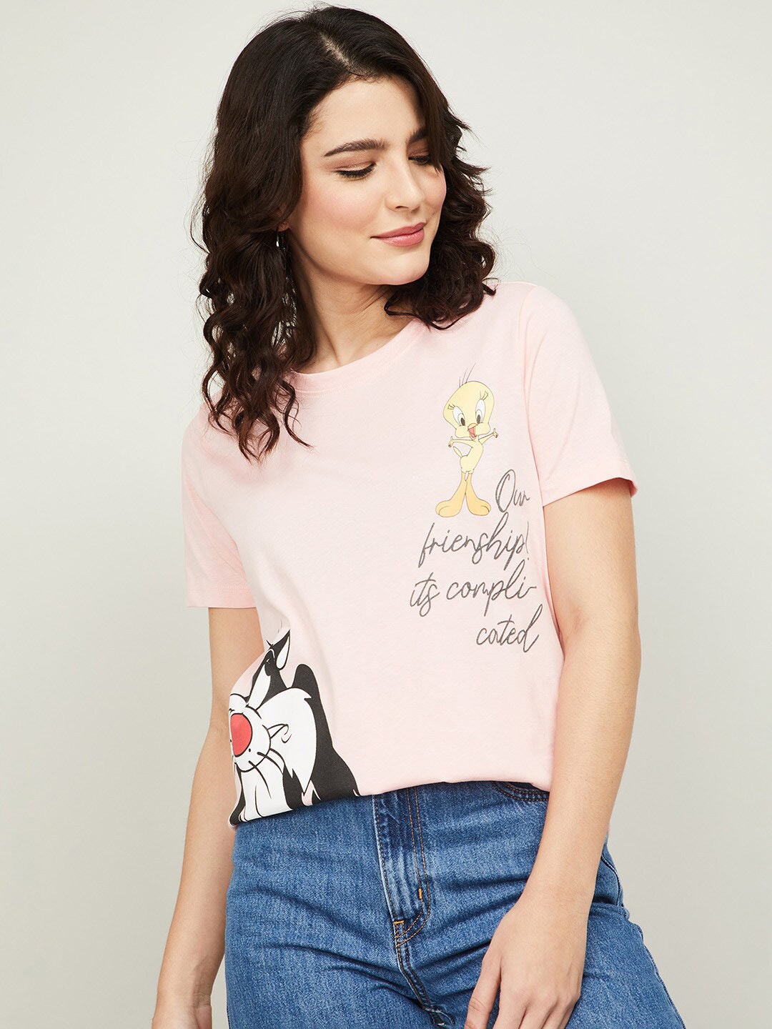 

Ginger by Lifestyle Women Pink Looney Tunes Printed Cotton T-shirt