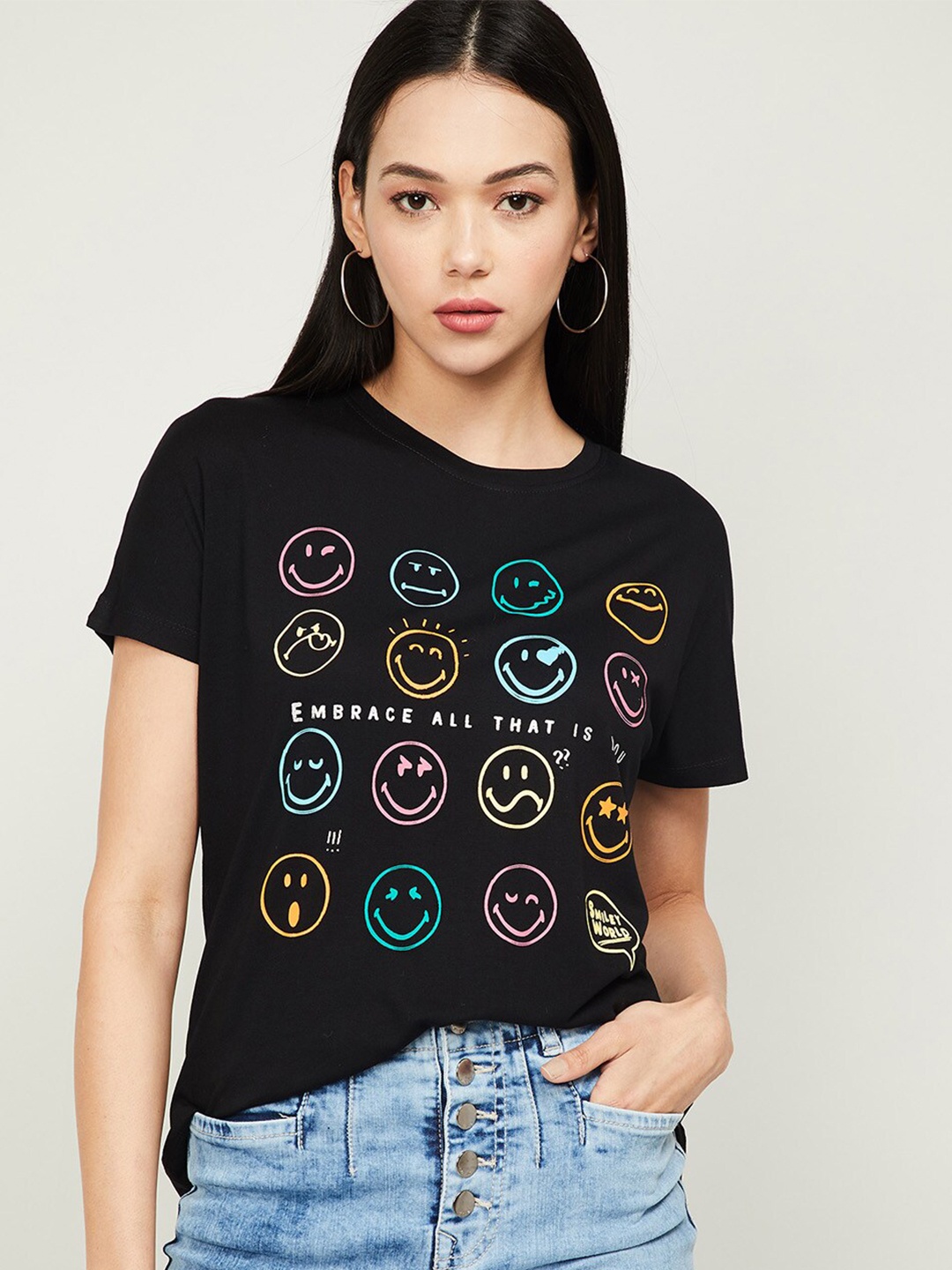 

SmileyWorld Women Black Conversation Printed T-shirt