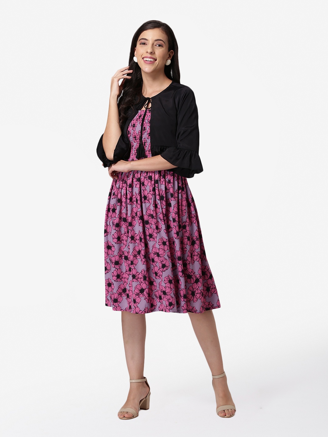 

DEEBACO Purple & Black Floral Tie-Up Neck Layered A-Line Dress With Shrug