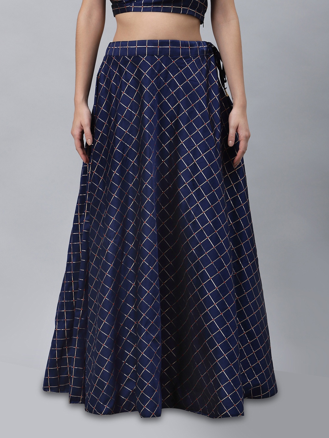 

studio rasa Women Navy Blue & Gold-Coloured Checked Flared Maxi-Skirt