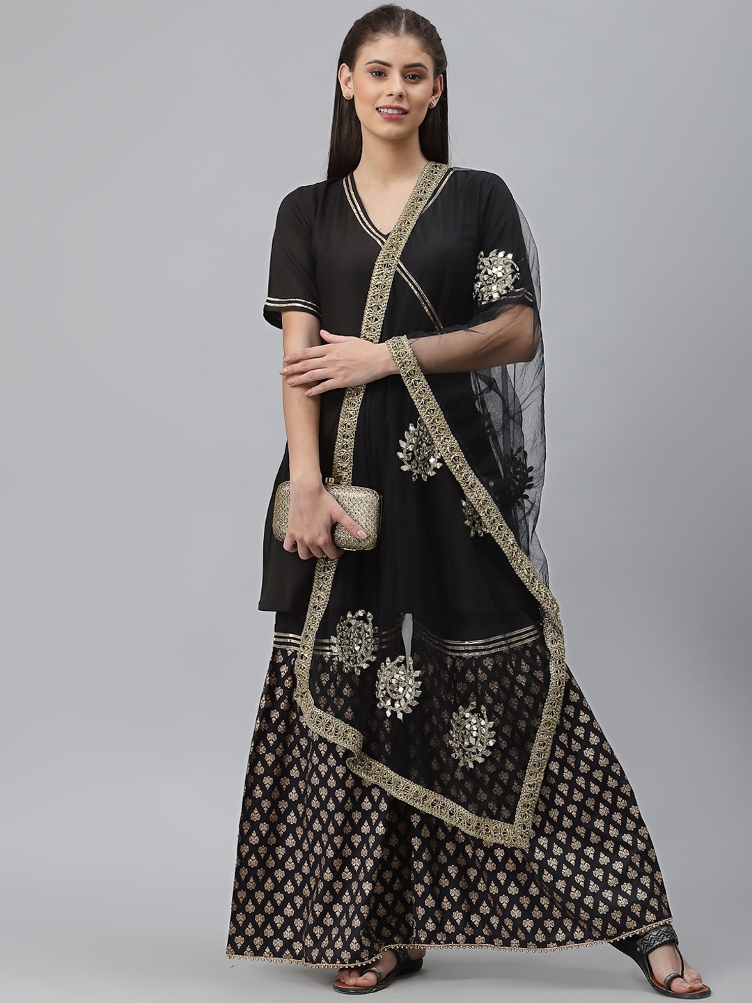 

studio rasa Women Black& Gold Ethnic Motifs Angrakha Kurta with Sharara & Dupatta