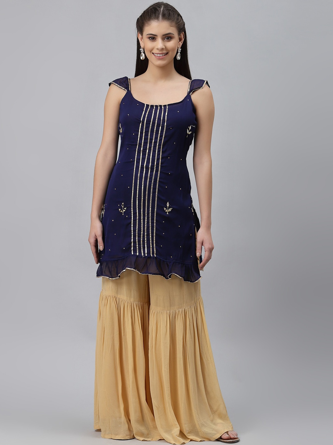 

studio rasa Women Navy Blue Embroidered Regular Gotta Patti Kurti with Sharara