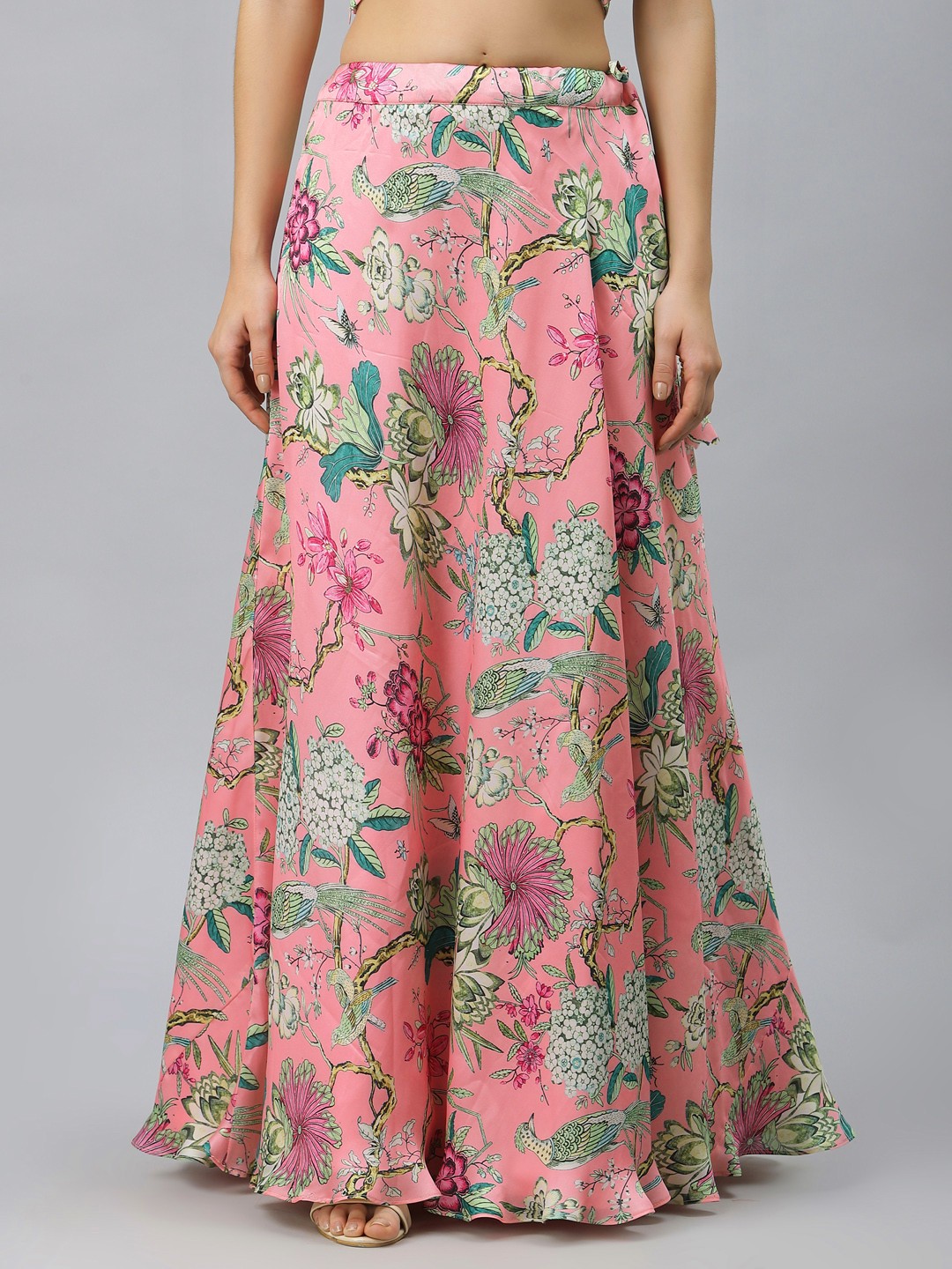 

studio rasa Women Pink & Green Floral Printed Satin Flared Maxi Skirt