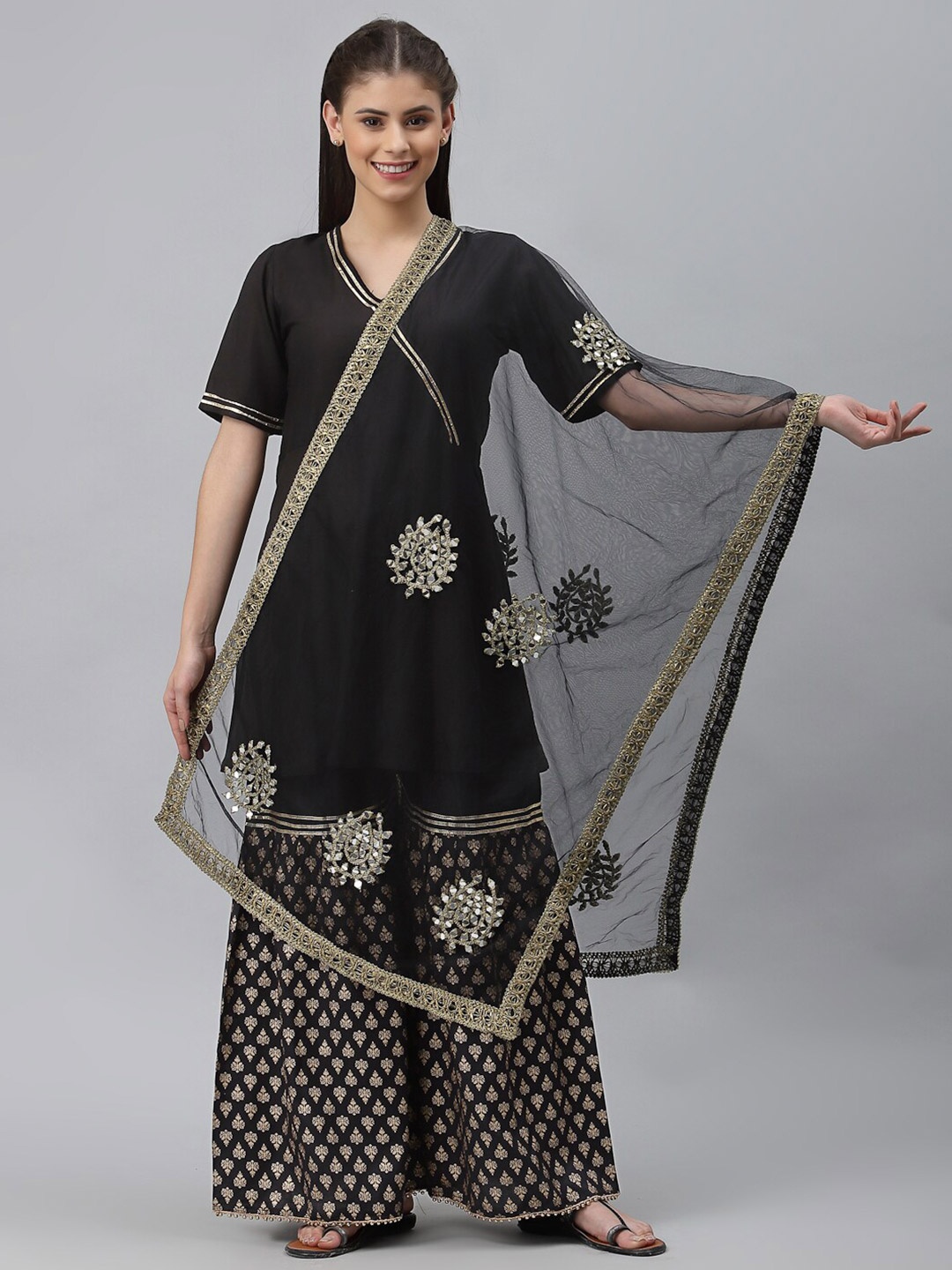 

studio rasa Black & Gold-Toned Ethnic Motifs Embroidered Dupatta with Mirror Work