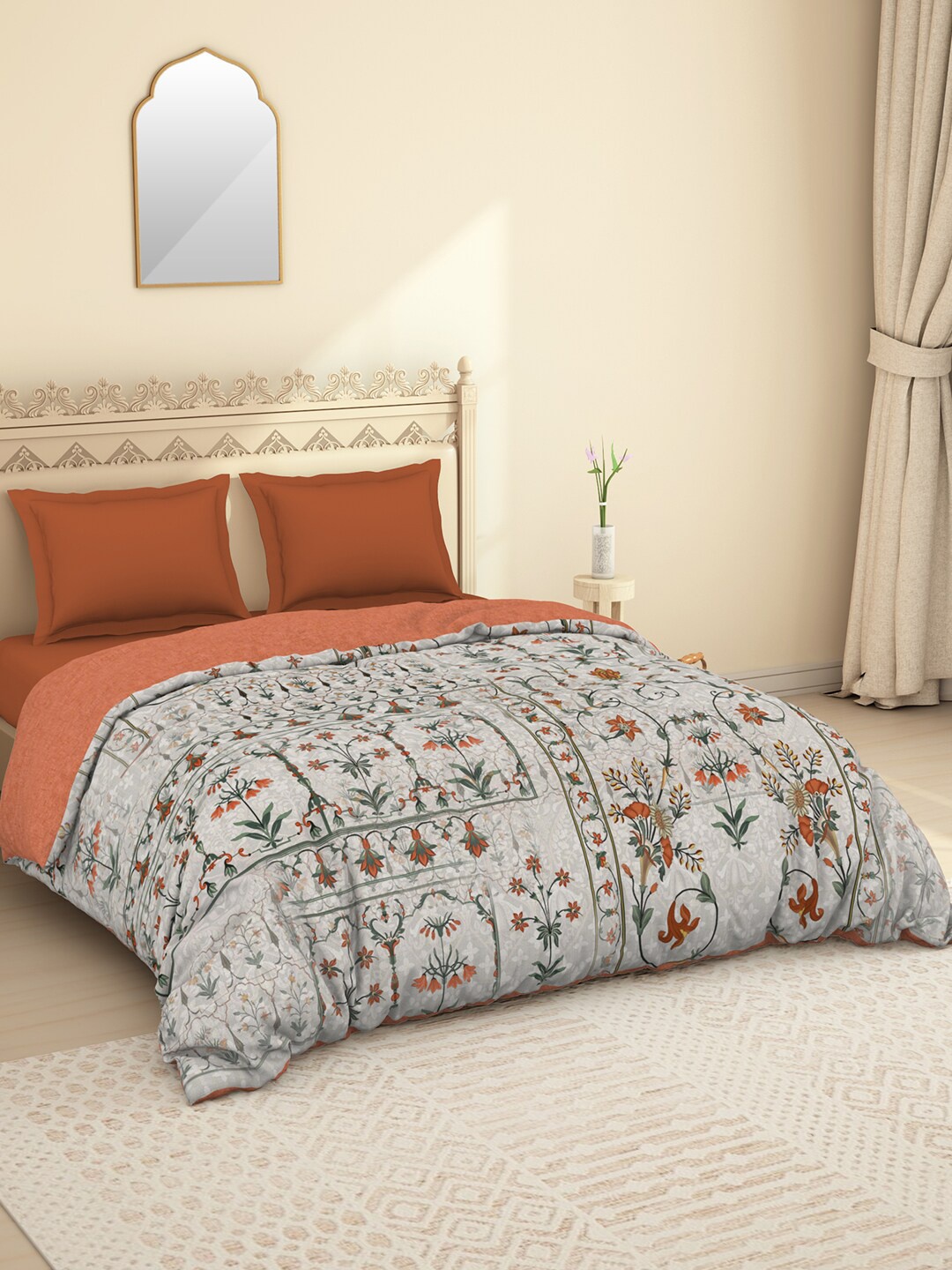 

SPACES Beige & Red Floral Printed Pure Cotton AC Room 210 GSM Double Bed Quilt